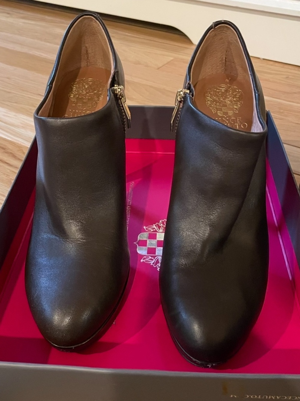 Vince Camuto Black Leather Zip-Side Ankle Booties